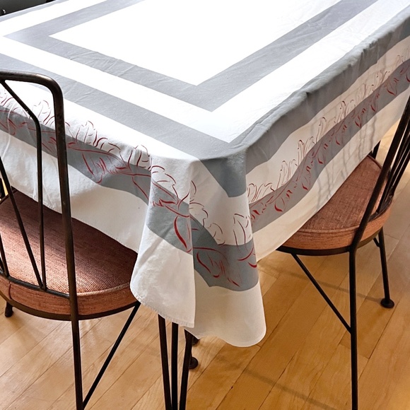 Vintage 61 x 51 Grey Maroon White Cotton Tablecloth Geometric Rectangle Simple - Picture 1 of 12